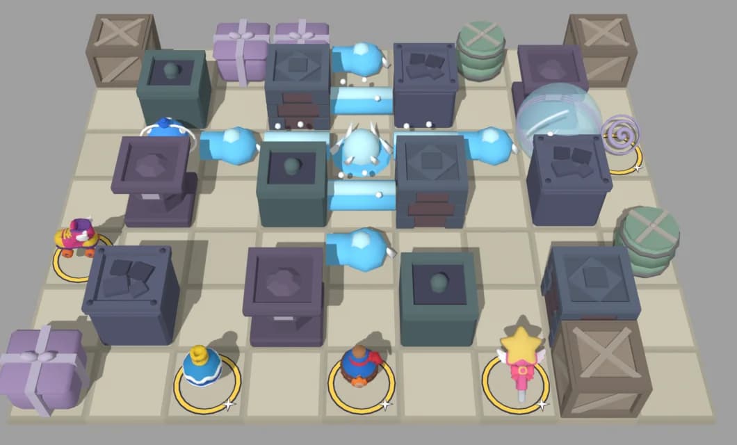 ภาพจากเกม: กระดาน Classic มีแนวน้ำระเบิดต่อกันเป็นลูกโซ่และไอเทมบนพื้น